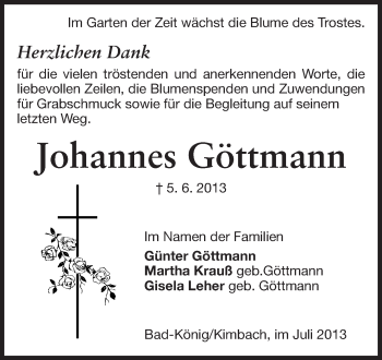 Traueranzeige von Johannes Göttmann von Odenwälder Echo