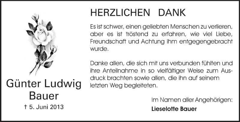  Traueranzeige für Günter Ludwig Bauer vom 06.07.2013 aus Echo-Zeitungen (Gesamtausgabe)