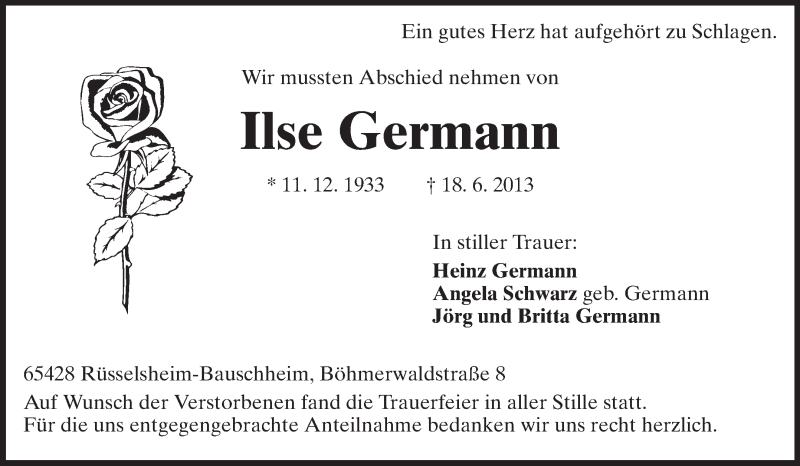  Traueranzeige für Ilse Germann vom 06.07.2013 aus Rüsselsheimer Echo, Groß-Gerauer-Echo, Ried Echo