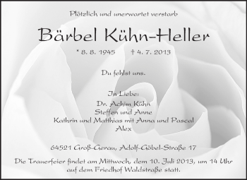 Traueranzeige von Bärbel Kühn-Heller von Rüsselsheimer Echo, Groß-Gerauer-Echo, Ried Echo