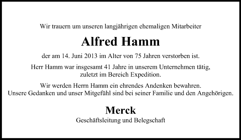 Traueranzeige für Alfred Hamm vom 06.07.2013 aus Echo-Zeitungen (Gesamtausgabe)
