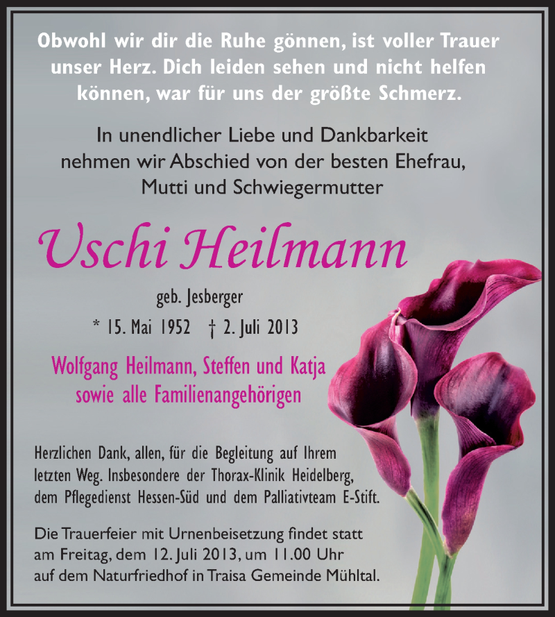  Traueranzeige für Uschi Heilmann vom 06.07.2013 aus Echo-Zeitungen (Gesamtausgabe)