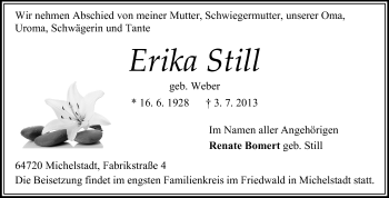 Traueranzeige von Erika Still von Odenwälder Echo
