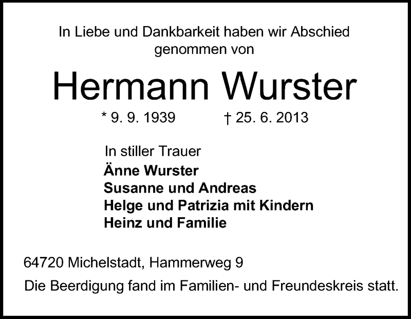  Traueranzeige für Hermann Wurster vom 06.07.2013 aus Odenwälder Echo