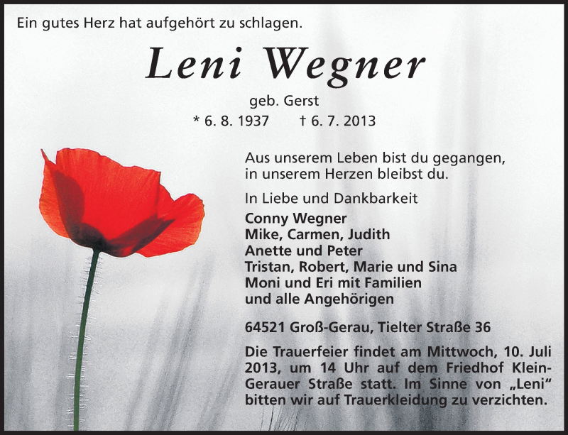  Traueranzeige für Leni Wegner vom 08.07.2013 aus Rüsselsheimer Echo, Groß-Gerauer-Echo, Ried Echo