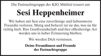 Traueranzeige von Sesi Heppenheimer von Echo-Zeitungen (Gesamtausgabe)