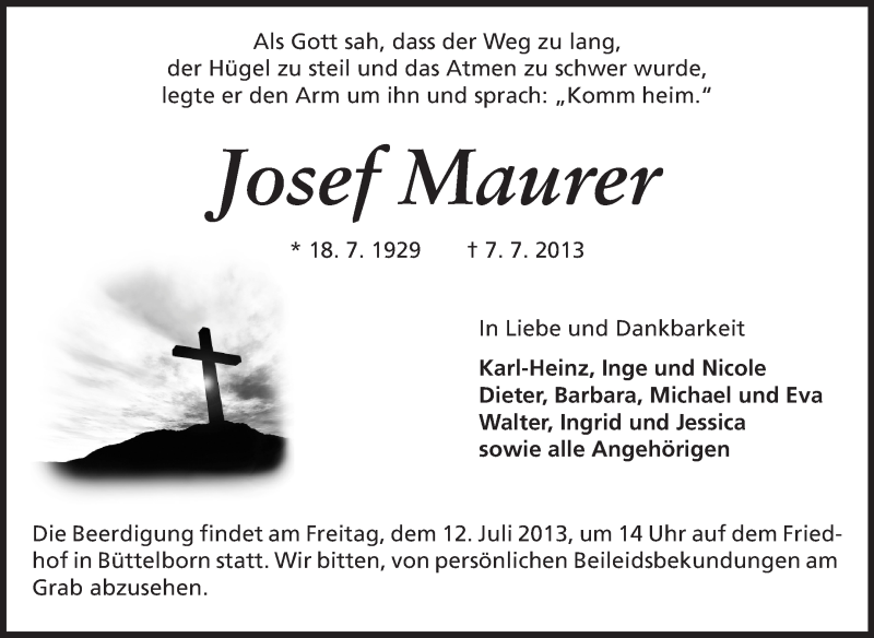  Traueranzeige für Josef Maurer vom 10.07.2013 aus Rüsselsheimer Echo, Groß-Gerauer-Echo, Ried Echo