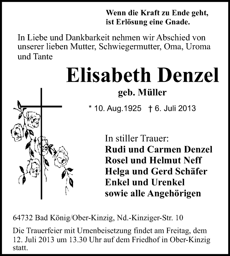  Traueranzeige für Elisabeth Denzel vom 10.07.2013 aus Echo-Zeitungen (Gesamtausgabe)