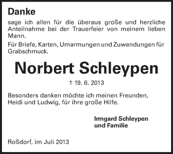 Traueranzeige von Norbert Schleypen von Echo-Zeitungen (Gesamtausgabe)