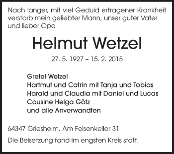 Traueranzeige von Helmut Wetzel von Echo-Zeitungen (Gesamtausgabe)