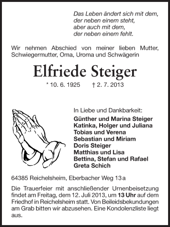 Traueranzeige von Elfriede Steiger von Echo-Zeitungen (Gesamtausgabe)