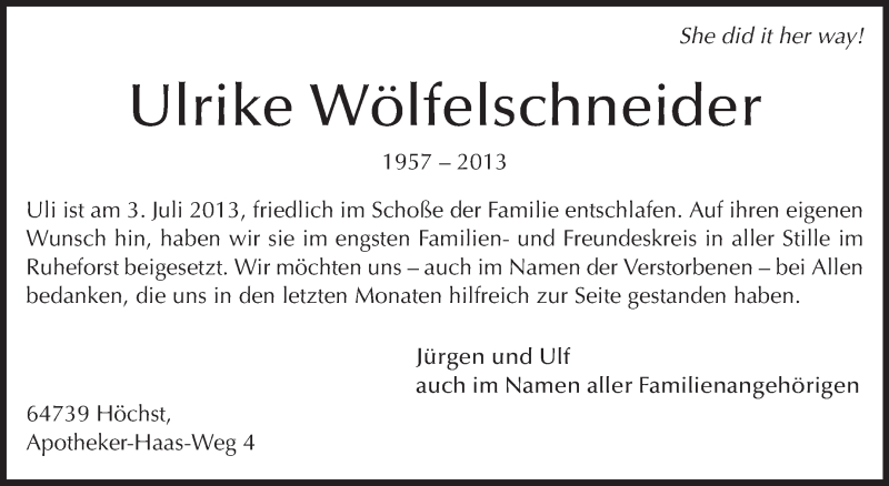  Traueranzeige für Ulrike Wölfelschneider vom 13.07.2013 aus Odenwälder Echo
