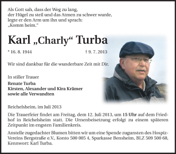 Traueranzeige von Karl Turba von Odenwälder Echo