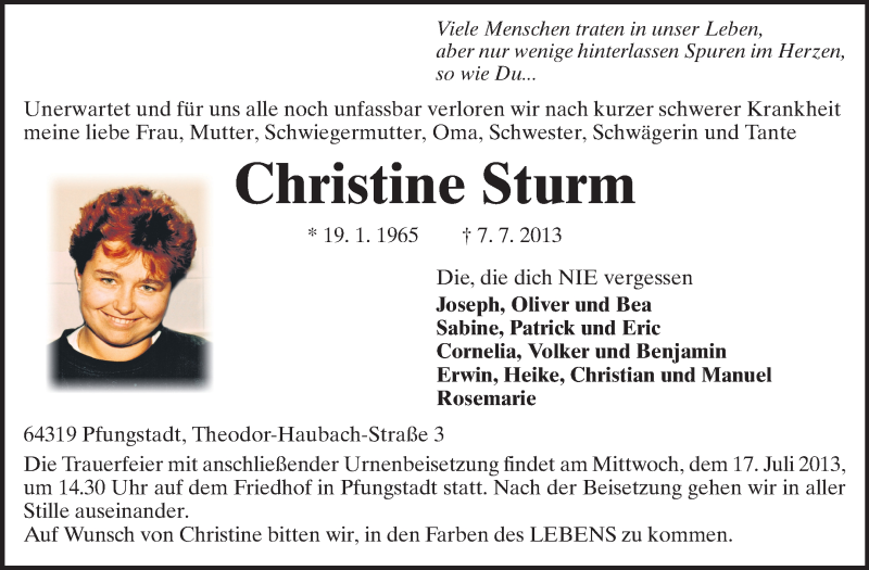  Traueranzeige für Christine Sturm vom 13.07.2013 aus Echo-Zeitungen (Gesamtausgabe)