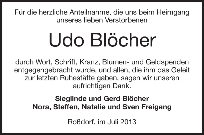  Traueranzeige für Udo Blöcher vom 13.07.2013 aus Echo-Zeitungen (Gesamtausgabe)