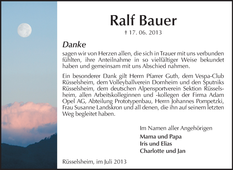  Traueranzeige für Ralf Bauer vom 13.07.2013 aus Rüsselsheimer Echo, Groß-Gerauer-Echo, Ried Echo