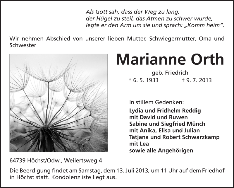  Traueranzeige für Marianne Orth vom 11.07.2013 aus Odenwälder Echo
