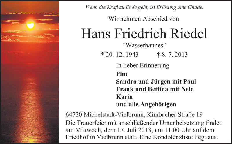  Traueranzeige für Hans Friedrich Riedel vom 11.07.2013 aus Odenwälder Echo