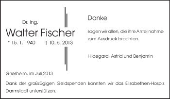 Traueranzeige von Walter Fischer von Echo-Zeitungen (Gesamtausgabe)