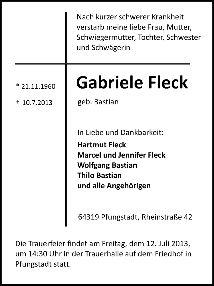  Traueranzeige für Gabriele Fleck vom 11.07.2013 aus Echo-Zeitungen (Gesamtausgabe)