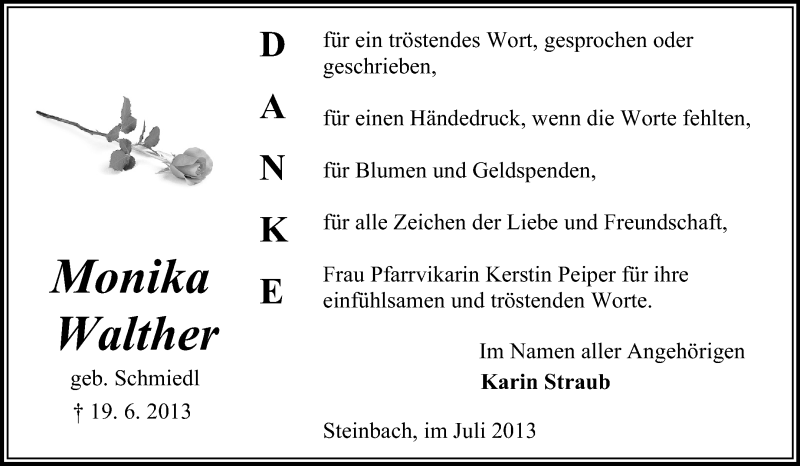  Traueranzeige für Monika Walther vom 13.07.2013 aus Odenwälder Echo