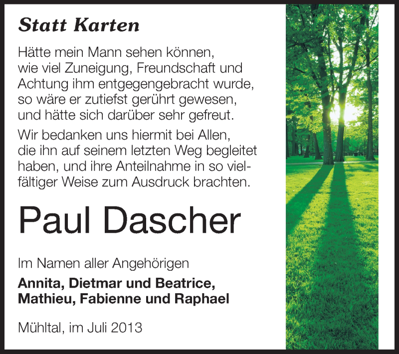  Traueranzeige für Paul Dascher vom 13.07.2013 aus Echo-Zeitungen (Gesamtausgabe)