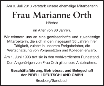 Traueranzeige von Marianne Orth von Odenwälder Echo