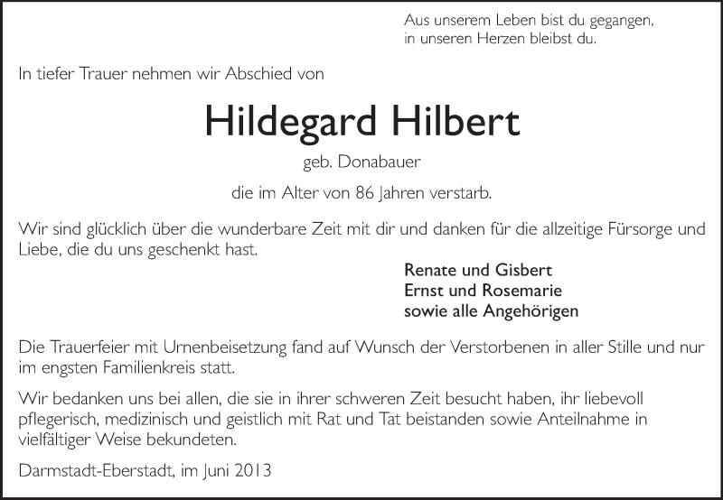  Traueranzeige für Hildegard Hilbert vom 20.07.2013 aus Echo-Zeitungen (Gesamtausgabe)