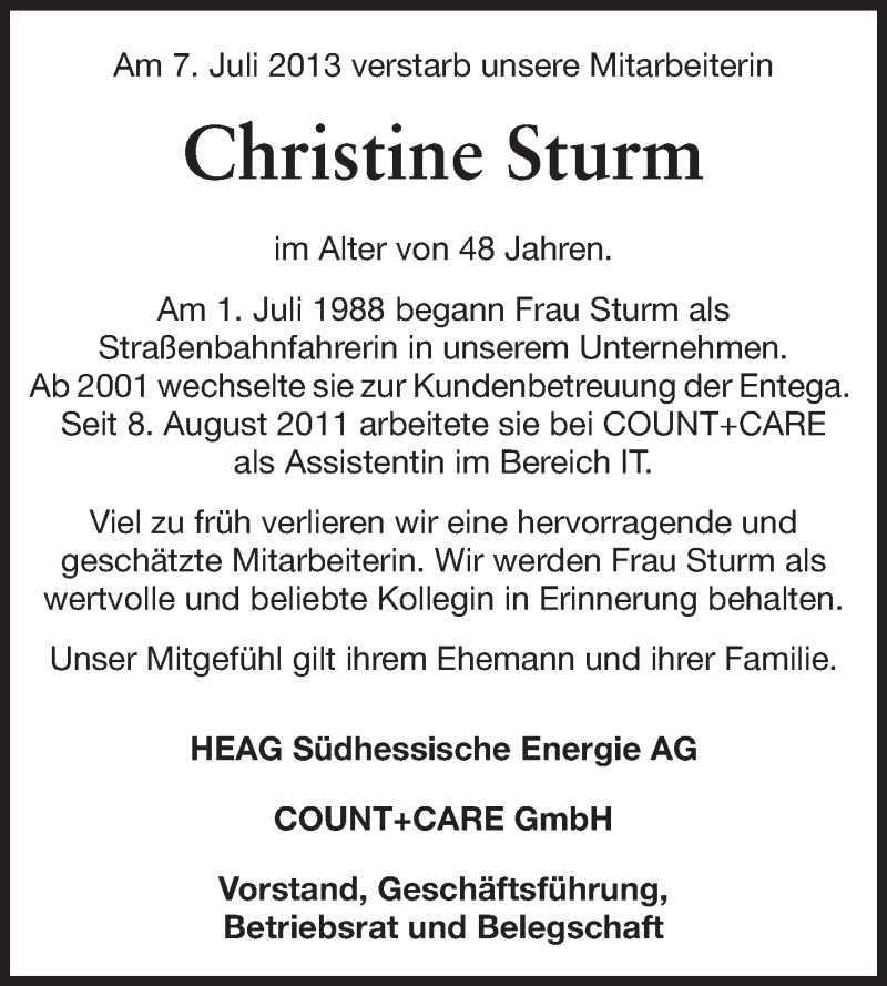  Traueranzeige für Christine Sturm vom 13.07.2013 aus Echo-Zeitungen (Gesamtausgabe)