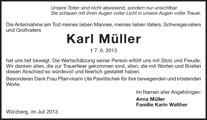  Traueranzeige für Karl Müller vom 13.07.2013 aus Odenwälder Echo