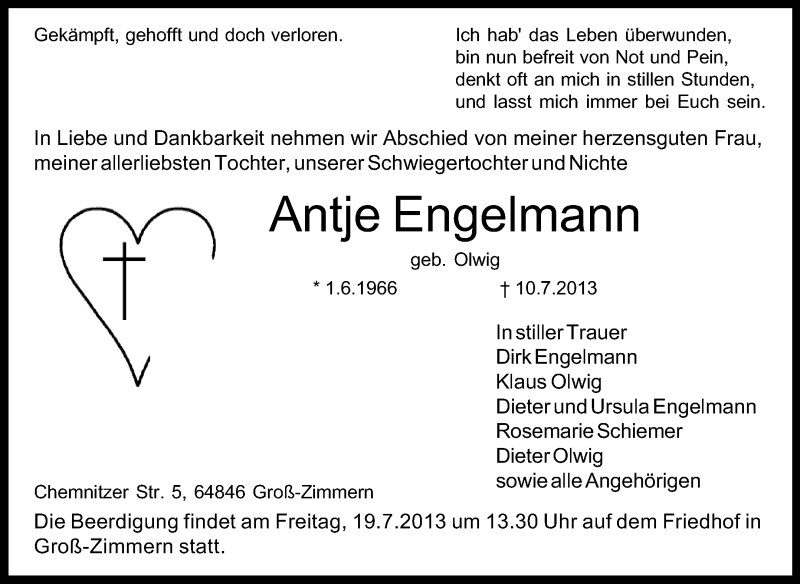  Traueranzeige für Antje Engelmann vom 13.07.2013 aus Echo-Zeitungen (Gesamtausgabe)