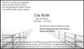 Traueranzeige von Ute Roth von Rüsselsheimer Echo, Groß-Gerauer-Echo, Ried Echo