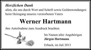 Traueranzeige von Werner Hartmann von Odenwälder Echo
