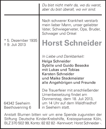 Traueranzeige von Horst Schneider von Echo-Zeitungen (Gesamtausgabe)