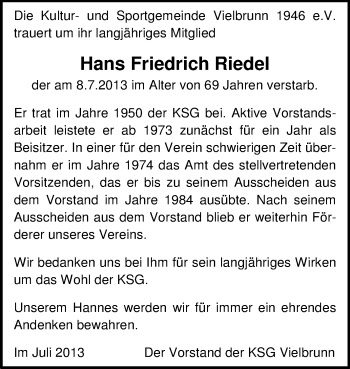 Traueranzeige von Hans Friedrich Riedel von Odenwälder Echo