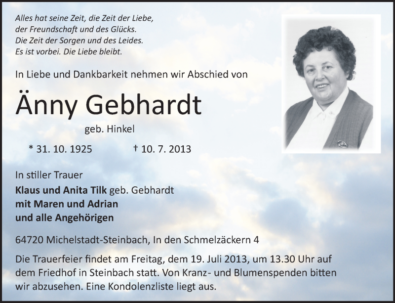  Traueranzeige für Änny Gebhardt vom 13.07.2013 aus Odenwälder Echo