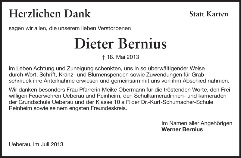 Traueranzeige für Dieter Bernius vom 20.07.2013 aus Echo-Zeitungen (Gesamtausgabe)