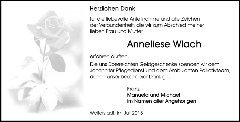  Traueranzeige für Anneliese Wlach vom 17.07.2013 aus Echo-Zeitungen (Gesamtausgabe)