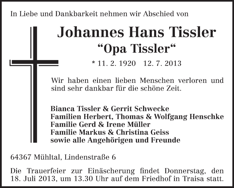  Traueranzeige für Johannes Hans Tissler vom 15.07.2013 aus Echo-Zeitungen (Gesamtausgabe)