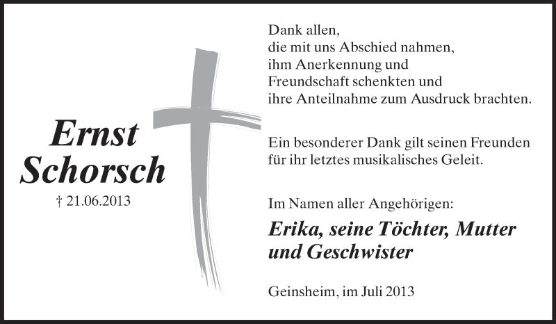  Traueranzeige für Ernst Schorsch vom 17.07.2013 aus Rüsselsheimer Echo, Groß-Gerauer-Echo, Ried Echo