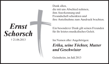Traueranzeige von Ernst Schorsch von Rüsselsheimer Echo, Groß-Gerauer-Echo, Ried Echo