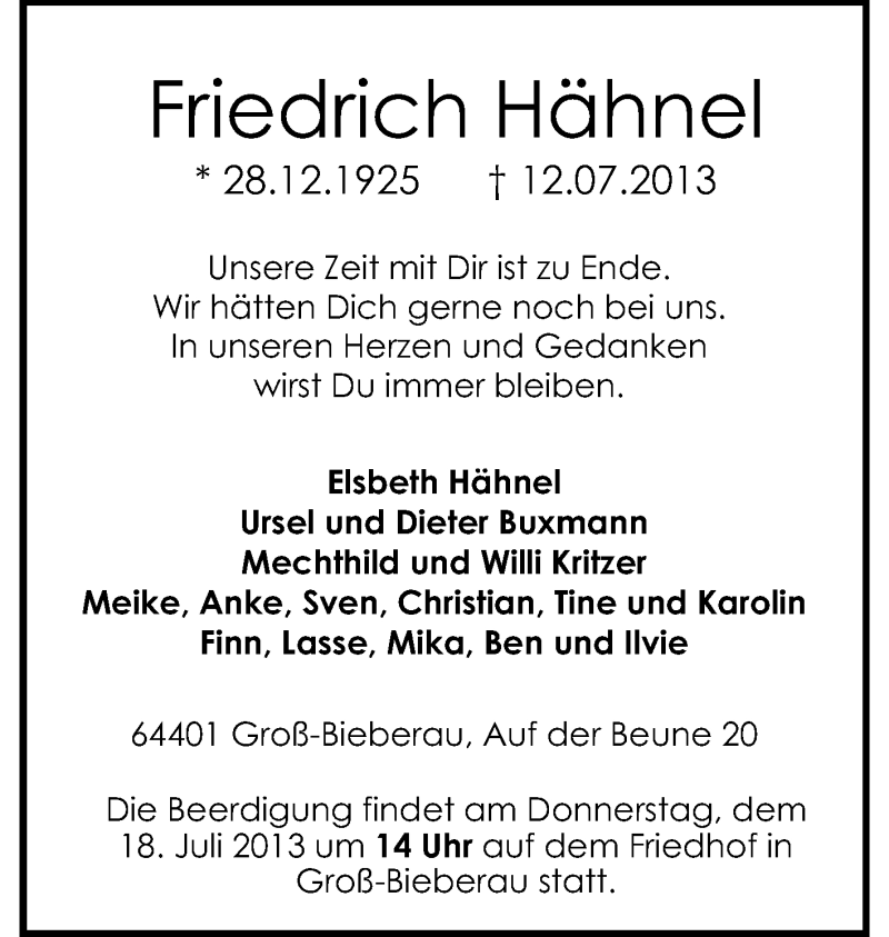  Traueranzeige für Friedrich Hähnel vom 16.07.2013 aus Echo-Zeitungen (Gesamtausgabe)