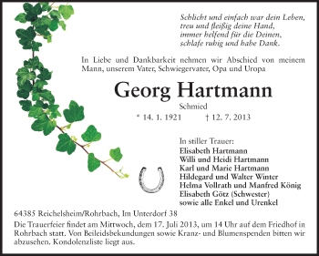 Traueranzeige von Georg Hartmann von Odenwälder Echo