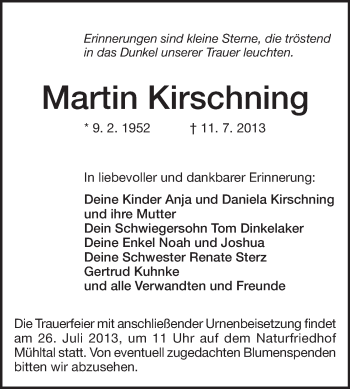 Traueranzeige von Martin Kirschning von Echo-Zeitungen (Gesamtausgabe)