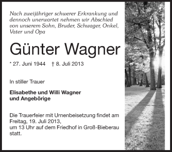Traueranzeige von Günter Wagner von Echo-Zeitungen (Gesamtausgabe)