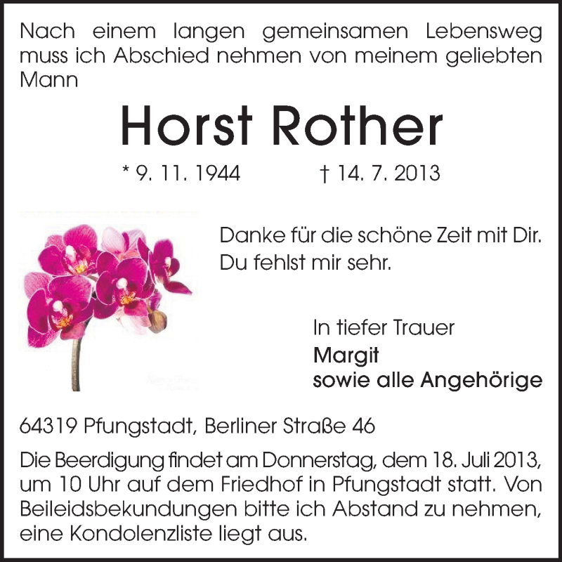  Traueranzeige für Horst Rother vom 17.07.2013 aus Echo-Zeitungen (Gesamtausgabe)
