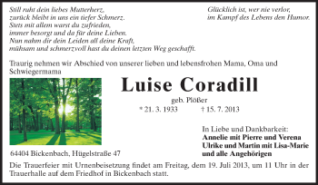 Traueranzeige von Luise Coradill von Echo-Zeitungen (Gesamtausgabe)