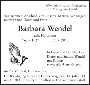 Traueranzeige von Barbara Wendel von Echo-Zeitungen (Gesamtausgabe)