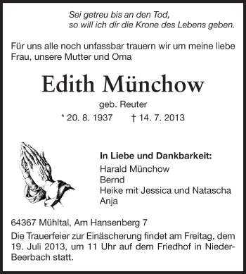 Traueranzeige von Edith Münchow von Echo-Zeitungen (Gesamtausgabe)