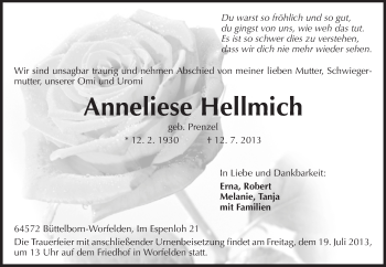 Traueranzeige von Anneliese Hellmich von Rüsselsheimer Echo, Groß-Gerauer-Echo, Ried Echo